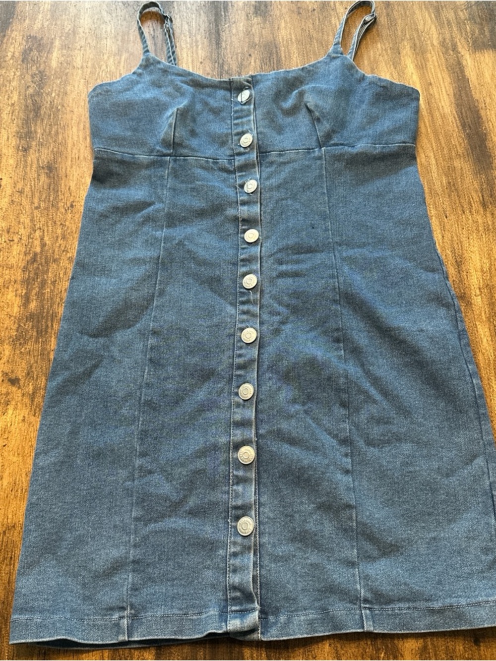 Button-Front Dark Blue Denim Mini Dress with Spaghetti Straps